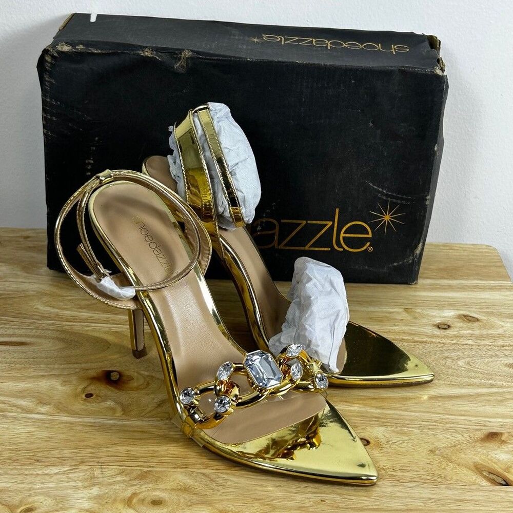 ShoeDazzle Willow Gold Metallic Heels Womens 8.5 Rhinestone Chain Link Sandals